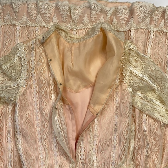 Vintage Alfred Angelo 60's Pink White Lace Long Sleeve High Neck Pioneer Dress - Picture 8 of 16